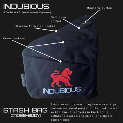 Indubious Carbon Activated Stash Bag. Cross body stash bag. Smoking accessory stash bag. Smell proof bag. 